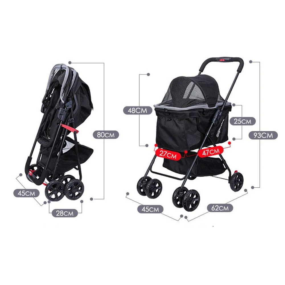 Pet Trolley Cart, Foldable Cat Dog Pram Buggy with Storage Basket, Front Swivel Wheels Quick Folding, Max Loading 15kg (Black)