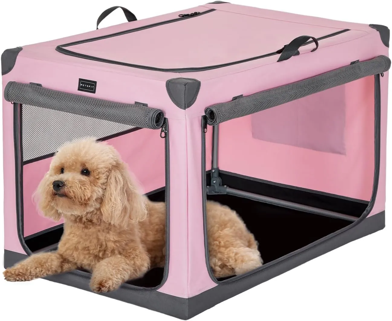 PETSFIT Travel Dog Crate, with Patented Adjustable Fabric Cover, Chewproof & Lockable Mesh Doors, Waterproof Base Portable Kennel Pink 26 Inch
