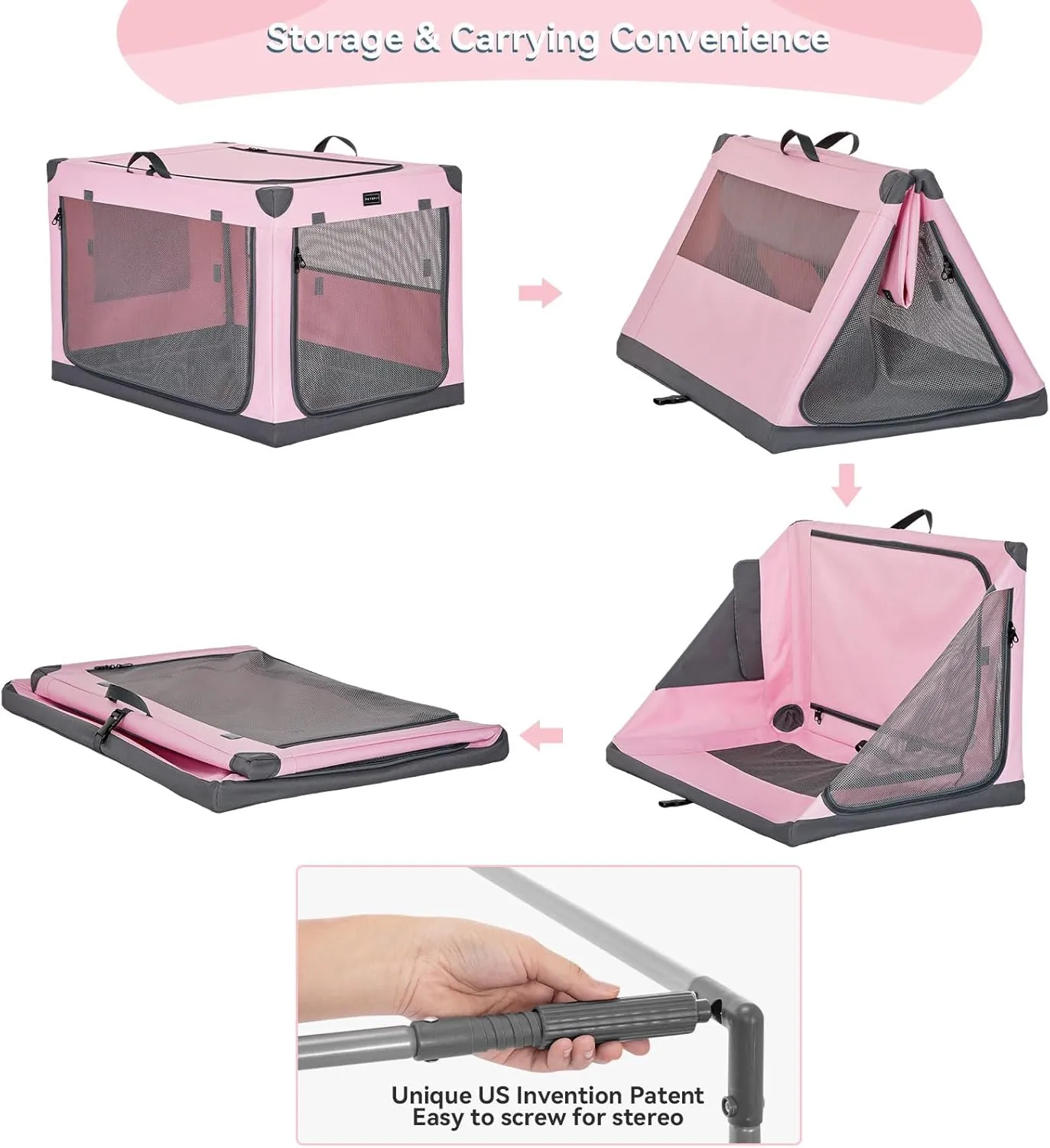 PETSFIT Travel Dog Crate, with Patented Adjustable Fabric Cover, Chewproof & Lockable Mesh Doors, Waterproof Base Portable Kennel Pink 26 Inch