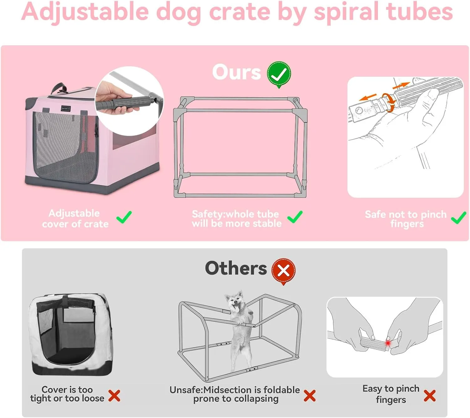 PETSFIT Travel Dog Crate, with Patented Adjustable Fabric Cover, Chewproof & Lockable Mesh Doors, Waterproof Base Portable Kennel Pink 26 Inch