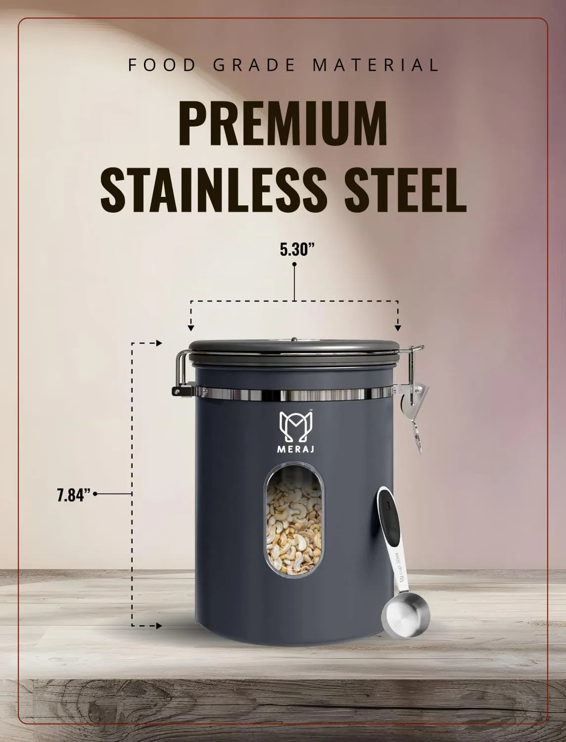 Premium Coffee Canister, with Window,Airtight 304 Stainless Steel Kitchen Food Storage Container for Ground Coffee,Beans,Tea,Sugar,Flour,Cereal,with Date Tracker and Scoop (Grey, 22OZ)