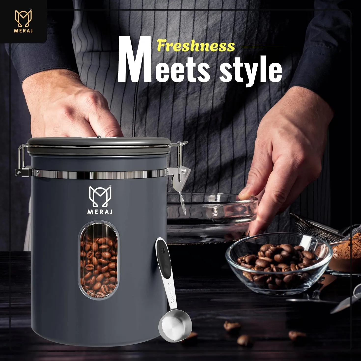 Premium Coffee Canister, with Window,Airtight 304 Stainless Steel Kitchen Food Storage Container for Ground Coffee,Beans,Tea,Sugar,Flour,Cereal,with Date Tracker and Scoop (Grey, 22OZ)