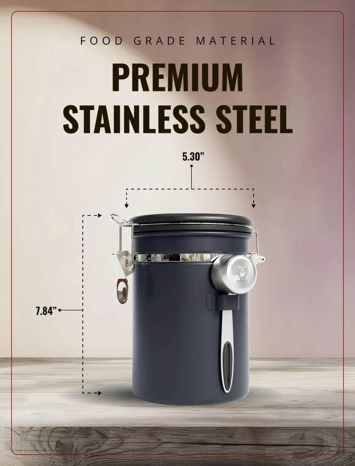 Premium Coffee Canister, with Window,Airtight 304 Stainless Steel Kitchen Food Storage Container for Ground Coffee,Beans,Tea,Sugar,Flour,Cereal,with Date Tracker and Scoop (Grey, 22OZ)