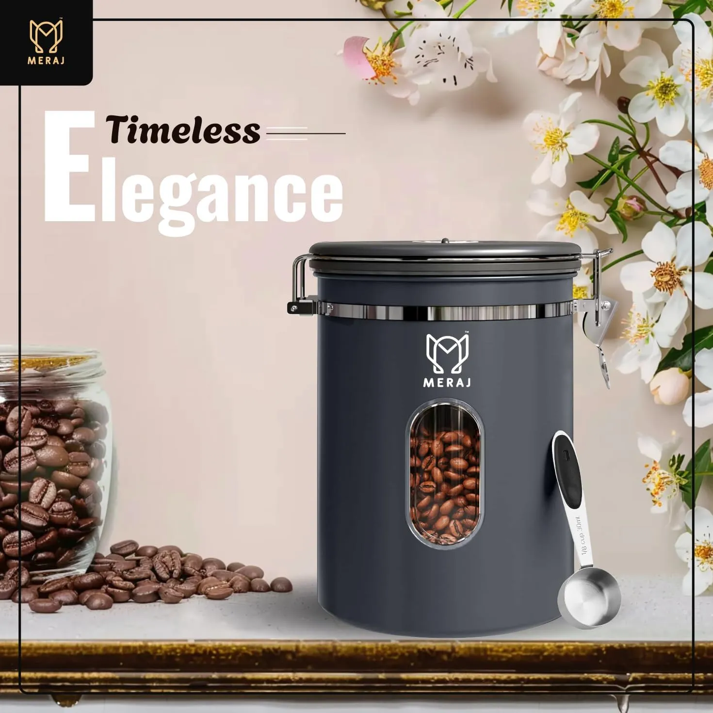 Premium Coffee Canister, with Window,Airtight 304 Stainless Steel Kitchen Food Storage Container for Ground Coffee,Beans,Tea,Sugar,Flour,Cereal,with Date Tracker and Scoop (Grey, 22OZ)