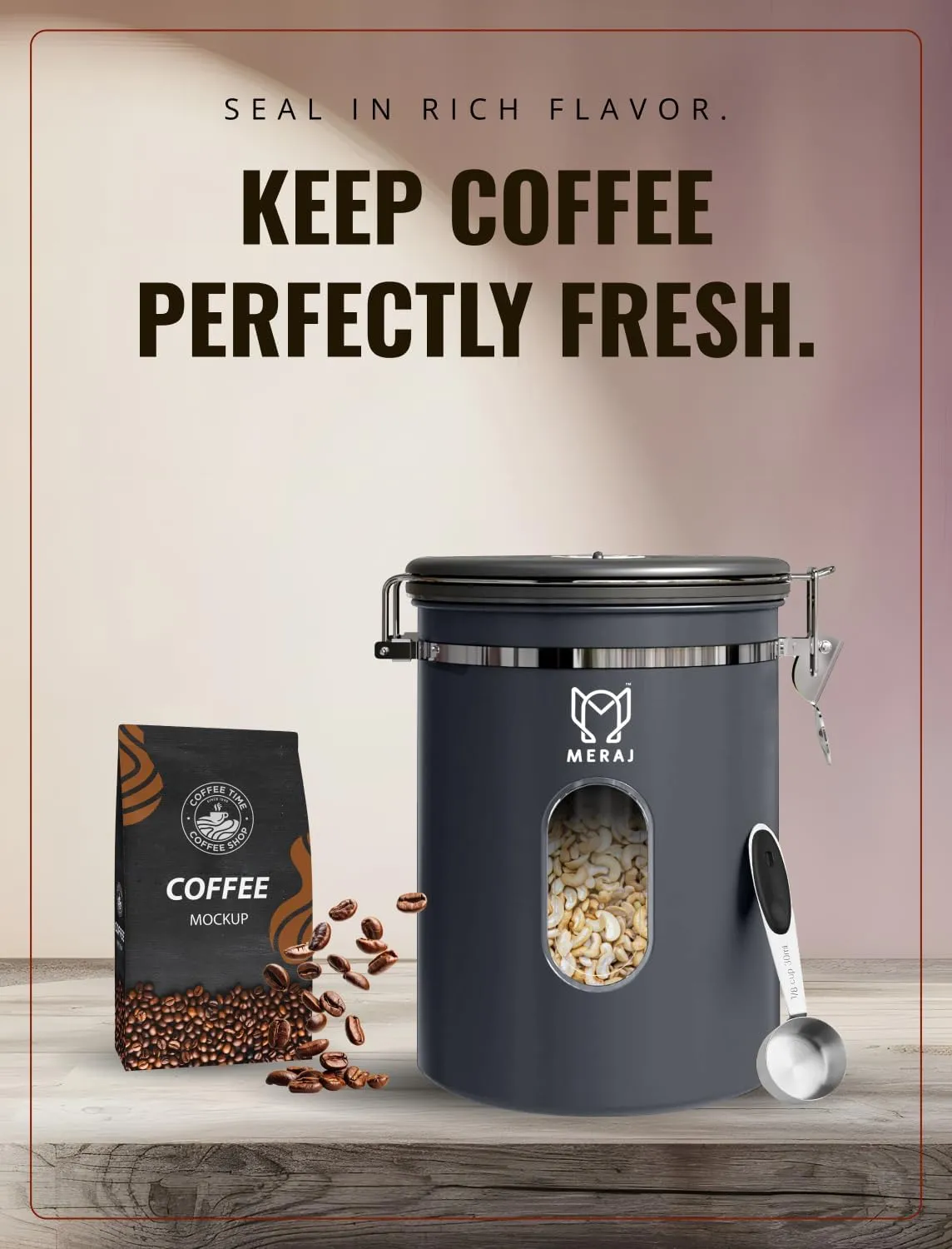 Premium Coffee Canister, with Window,Airtight 304 Stainless Steel Kitchen Food Storage Container for Ground Coffee,Beans,Tea,Sugar,Flour,Cereal,with Date Tracker and Scoop (Grey, 22OZ)