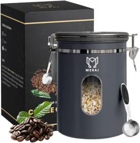 Premium Coffee Canister, with Window,Airtight 304 Stainless Steel Kitchen Food Storage Container for Ground Coffee,Beans,Tea,Sugar,Flour,Cereal,with Date Tracker and Scoop (Grey, 22OZ)