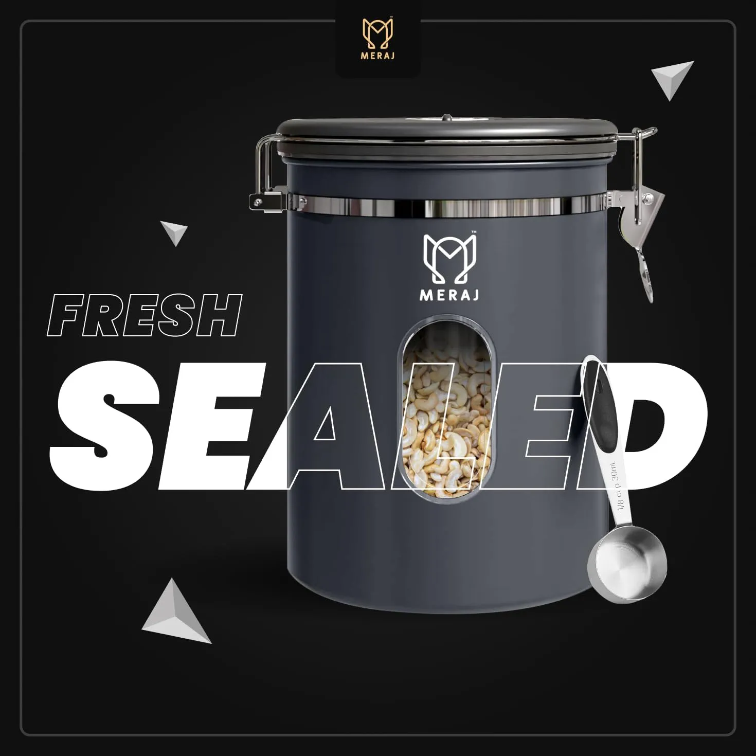 Premium Coffee Canister, with Window,Airtight 304 Stainless Steel Kitchen Food Storage Container for Ground Coffee,Beans,Tea,Sugar,Flour,Cereal,with Date Tracker and Scoop (Grey, 22OZ)
