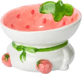 Raised Cat Bowls, Elevated Ceramic Cat food Bowl for Indoor Cats, Wide Shallow Cat Food Dish, Whisker Fatigue, Lead & Cadmium Free,Cute Fruit Themed Bowl for Flat Faced Cats and kittenStrawberry)