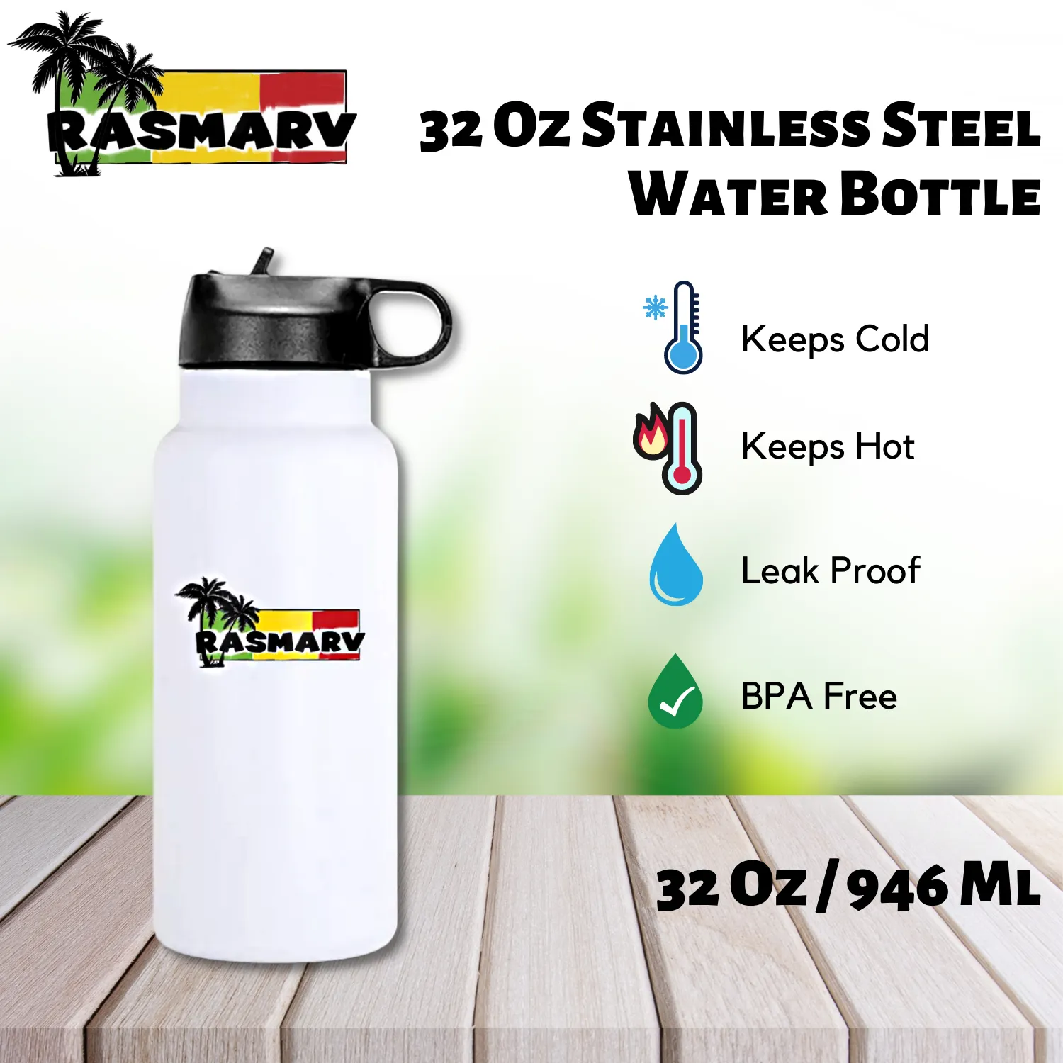 RASMARV  Vacuum-Insulated Stainless Steel Thermo Flask,  32 oz White Graphic