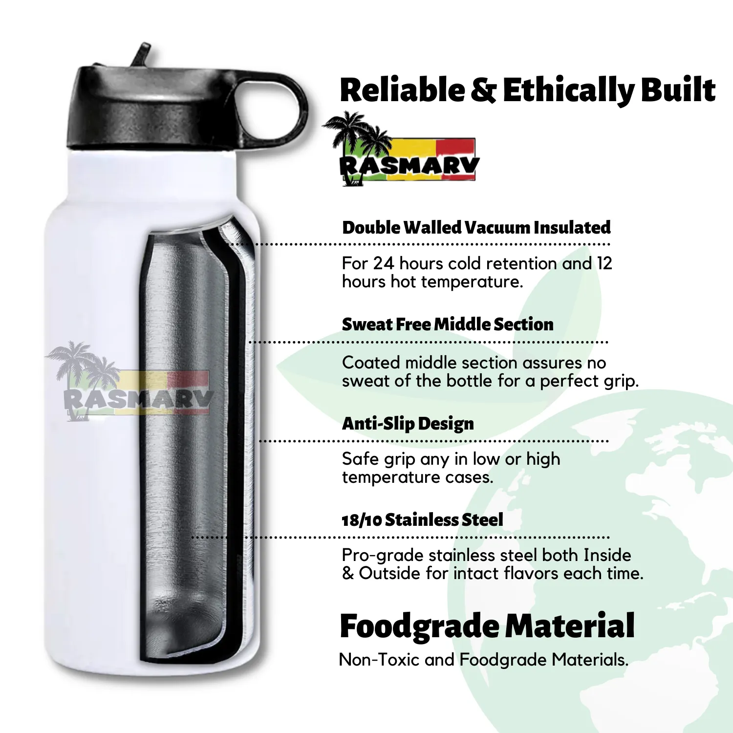 RASMARV  Vacuum-Insulated Stainless Steel Thermo Flask,  32 oz White Graphic