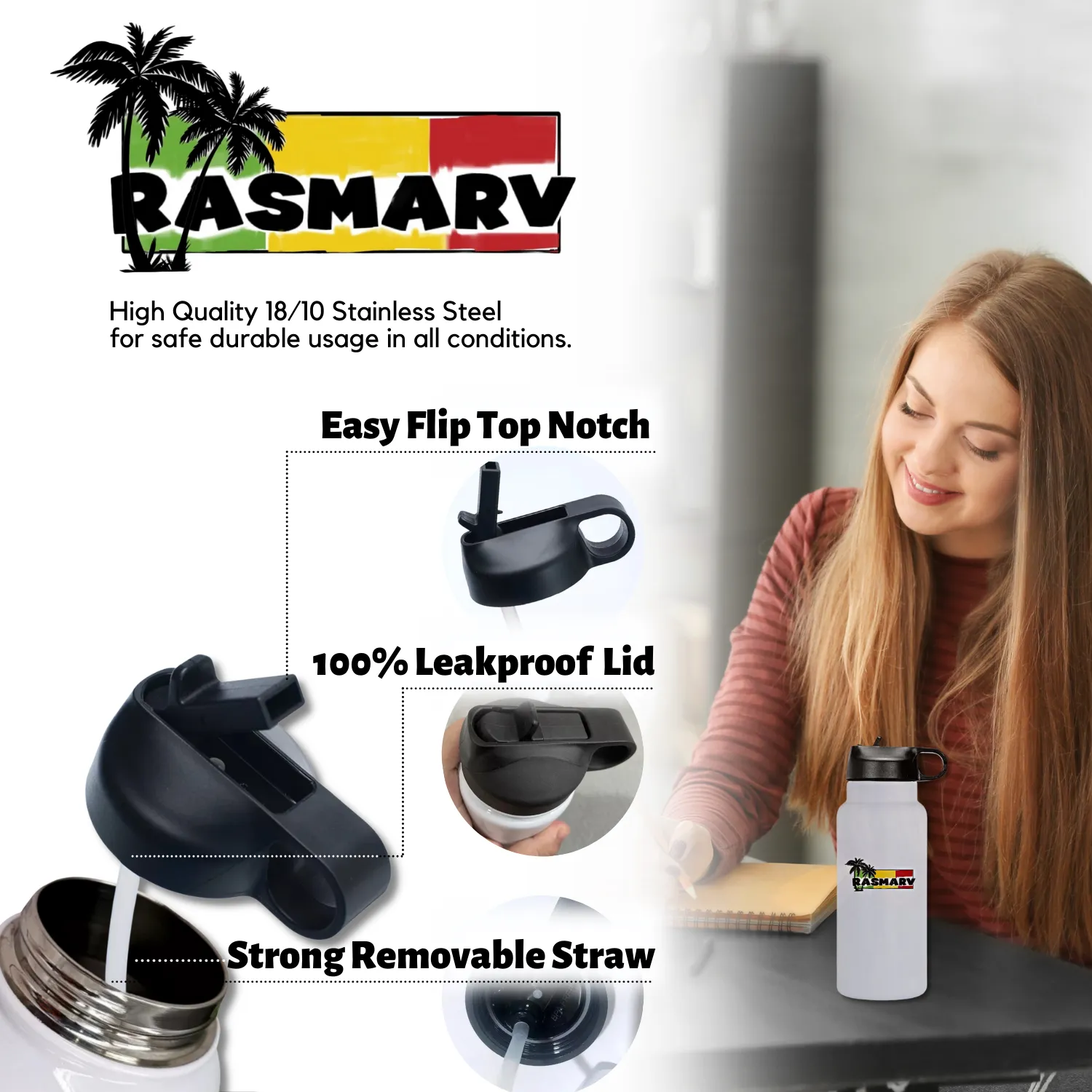 RASMARV  Vacuum-Insulated Stainless Steel Thermo Flask,  32 oz White Graphic