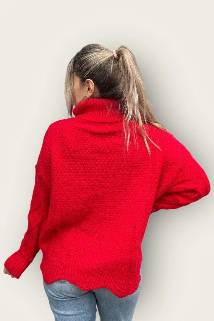 Scallop Hem Turtle Neck Red