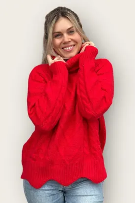 Scallop Hem Turtle Neck Red