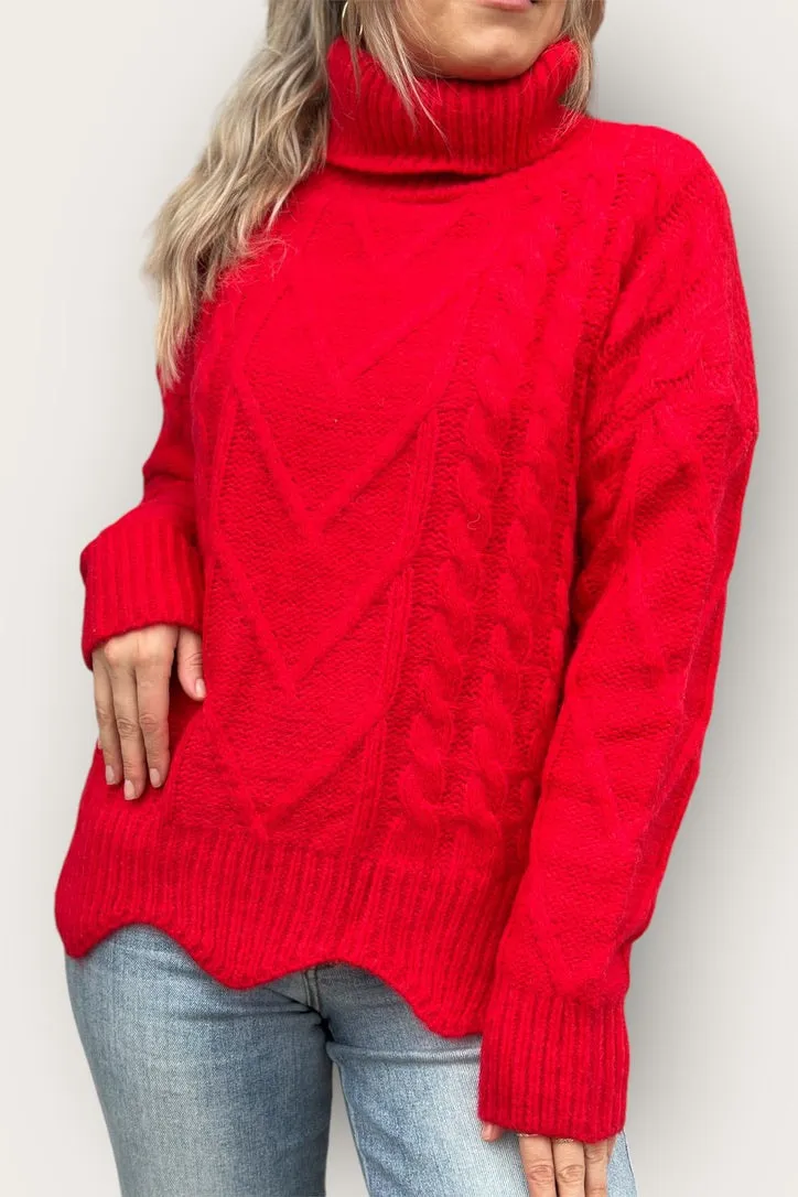 Scallop Hem Turtle Neck Red