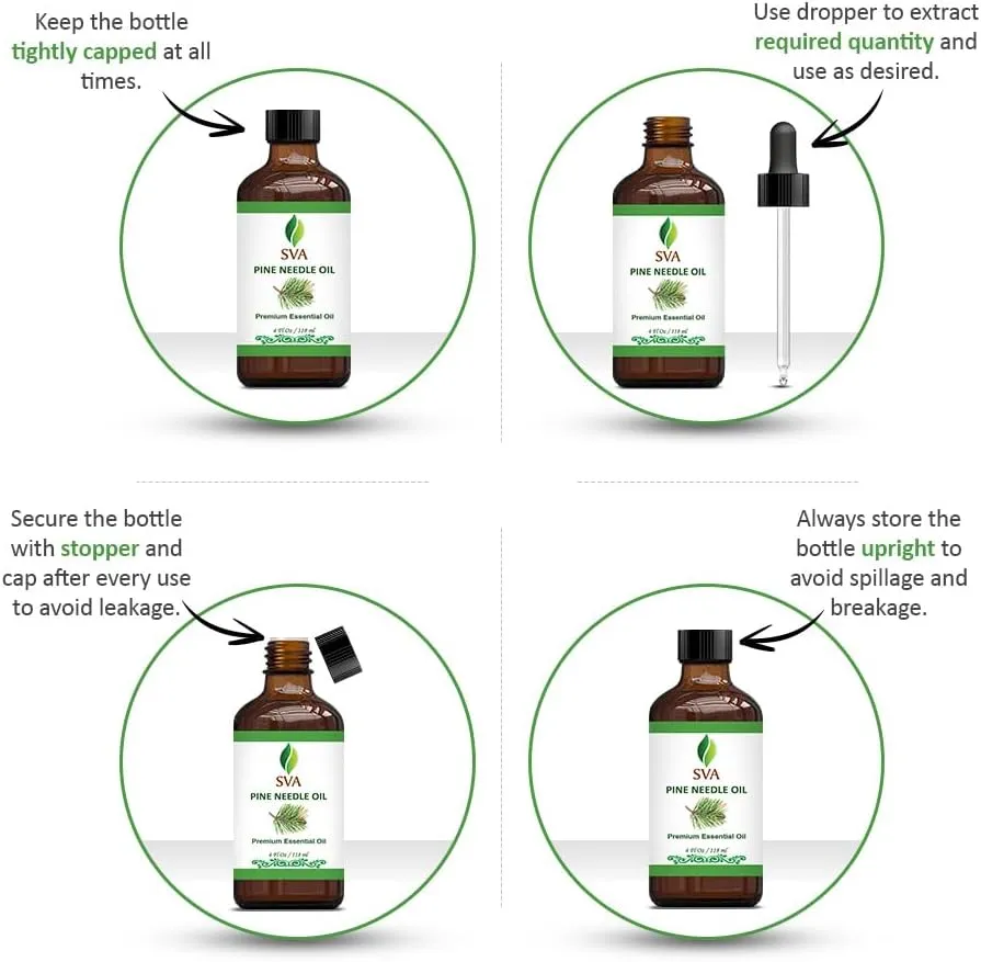 SVA Pine Needle Essential Oil  4 Fl Oz  100% Natural Pine Needle Oil - for Diffuser, Hair Care, Face, Skin Care, Aromatherapy, Scalp and Body Massage, Soap and Candle Making  with Dropper