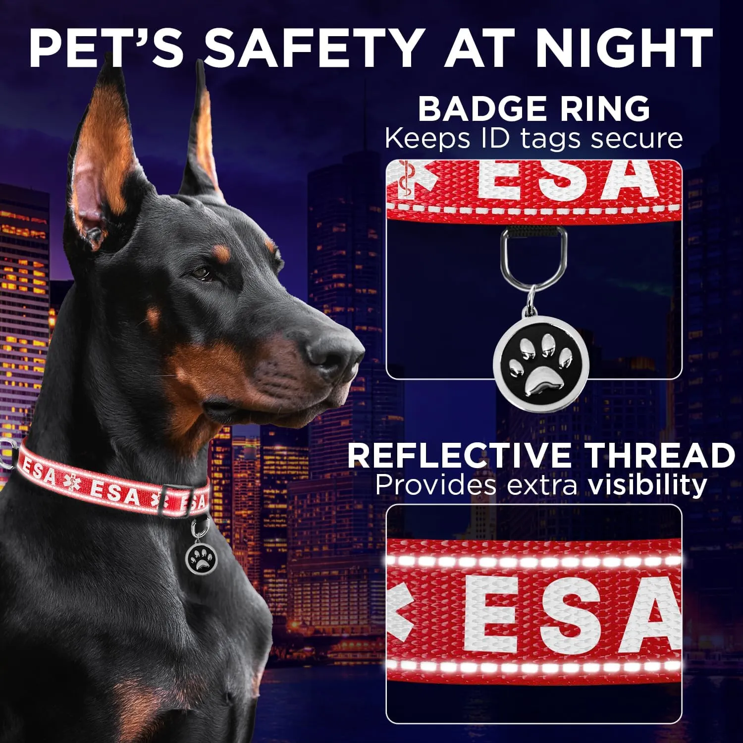 TECEUM Reflective Pet Collar  Red - ESA  M  Basic Nylon Dog Collar  Quick Release Buckle  Fits Small, Medium and Large Dogs, Puppies, Cats  ESA & Service Dog Options