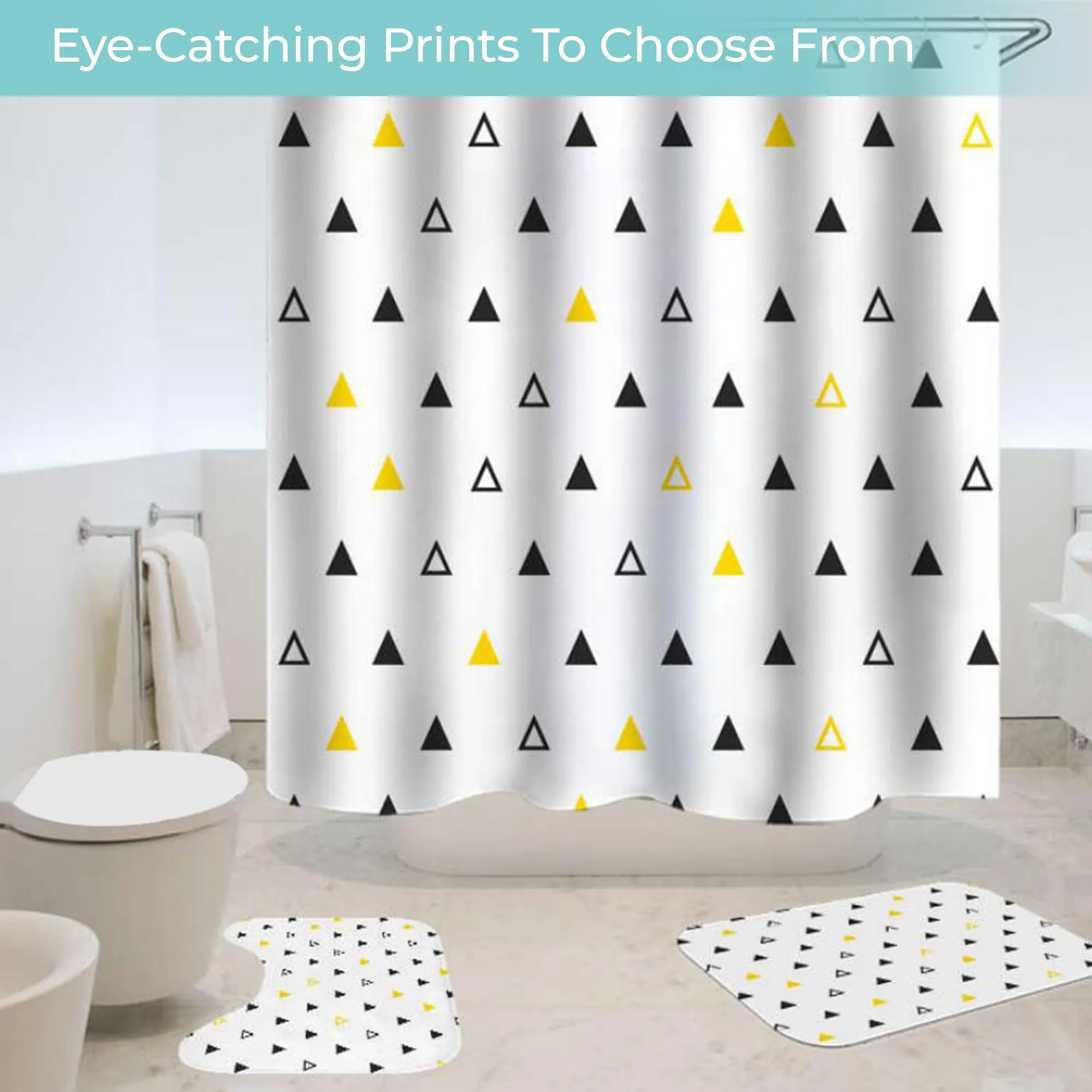 The Better Home Shower Curtain & Bathroom Mat Set (3pc) | 6 Ft Shower Curtains for Bathroom| U-Shaped Anti Skid Mat for Bathroom Floor | Non Slip Mat for Bathroom | Mold Resistant | Tri Triangles