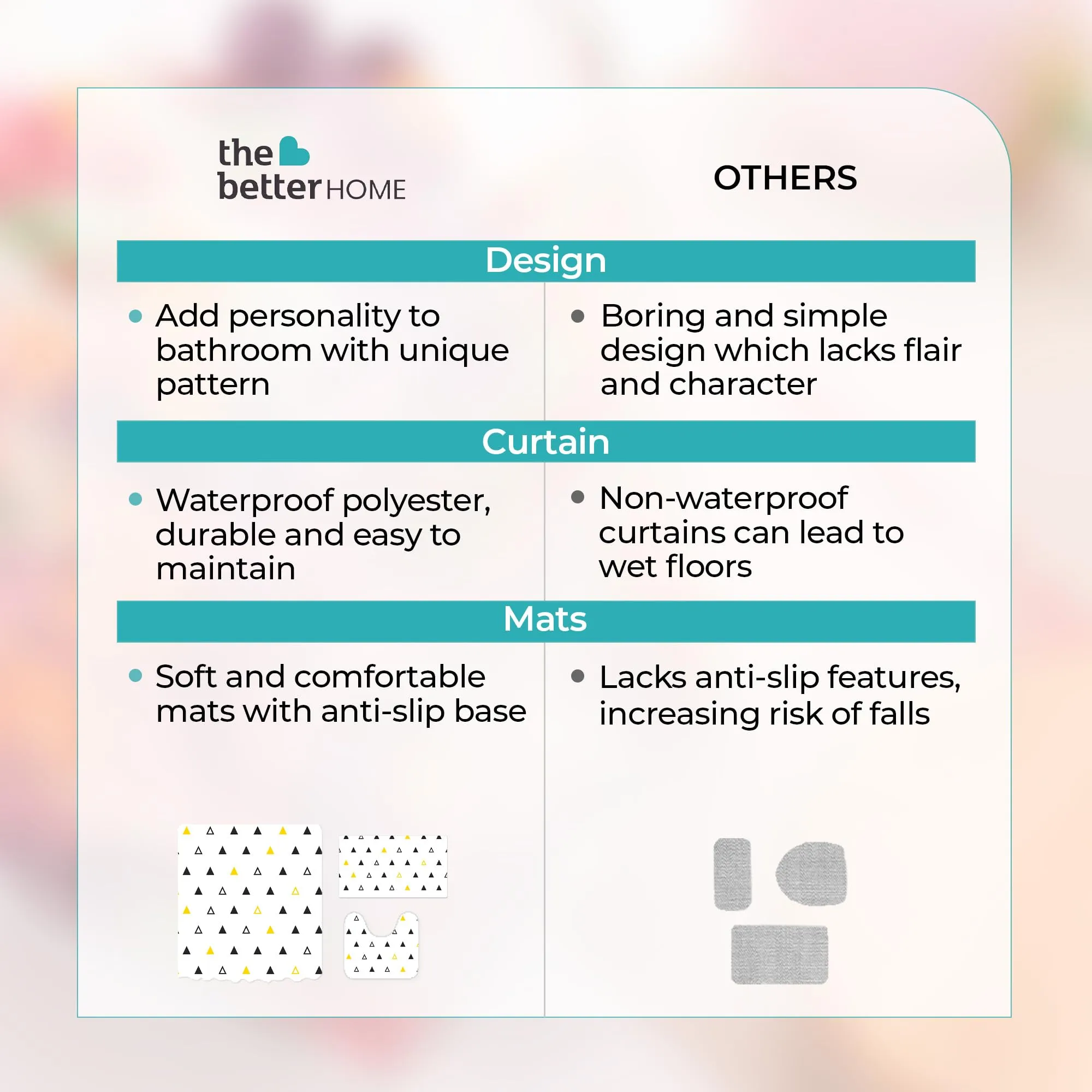 The Better Home Shower Curtain & Bathroom Mat Set (3pc) | 6 Ft Shower Curtains for Bathroom| U-Shaped Anti Skid Mat for Bathroom Floor | Non Slip Mat for Bathroom | Mold Resistant | Tri Triangles