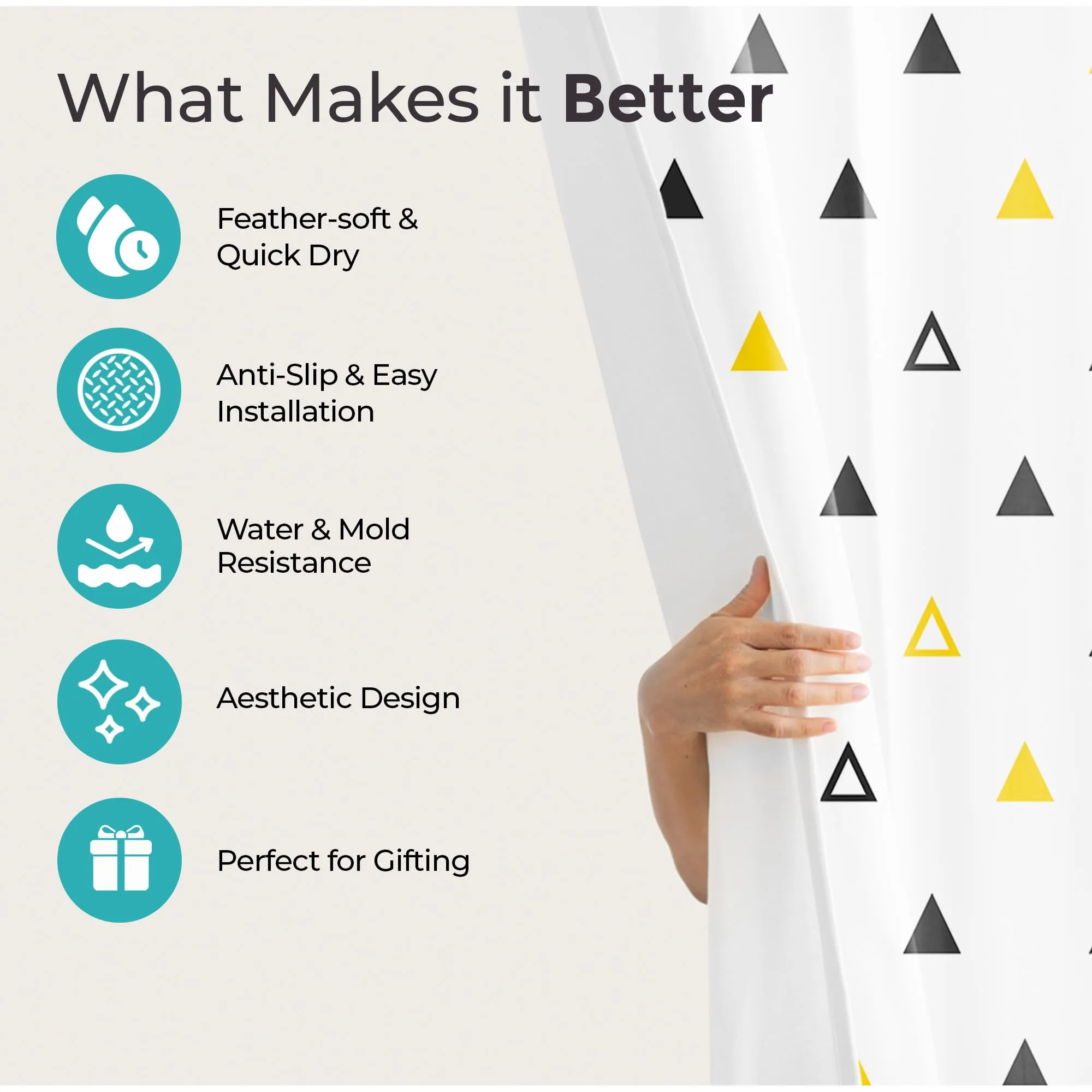 The Better Home Shower Curtain & Bathroom Mat Set (3pc) | 6 Ft Shower Curtains for Bathroom| U-Shaped Anti Skid Mat for Bathroom Floor | Non Slip Mat for Bathroom | Mold Resistant | Tri Triangles