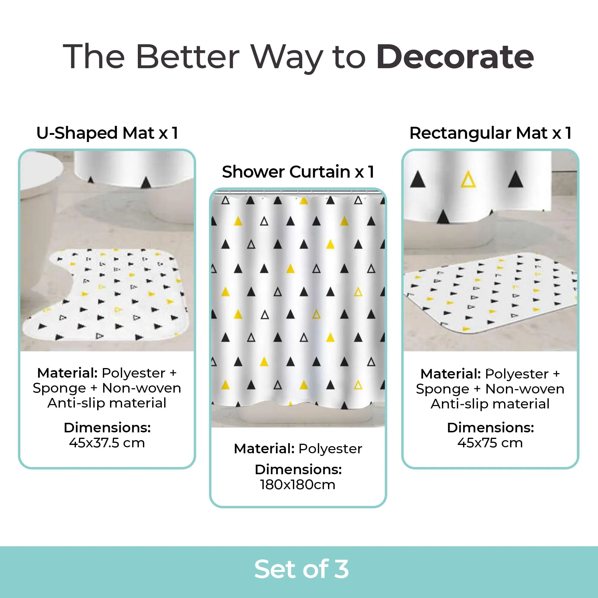 The Better Home Shower Curtain & Bathroom Mat Set (3pc) | 6 Ft Shower Curtains for Bathroom| U-Shaped Anti Skid Mat for Bathroom Floor | Non Slip Mat for Bathroom | Mold Resistant | Tri Triangles