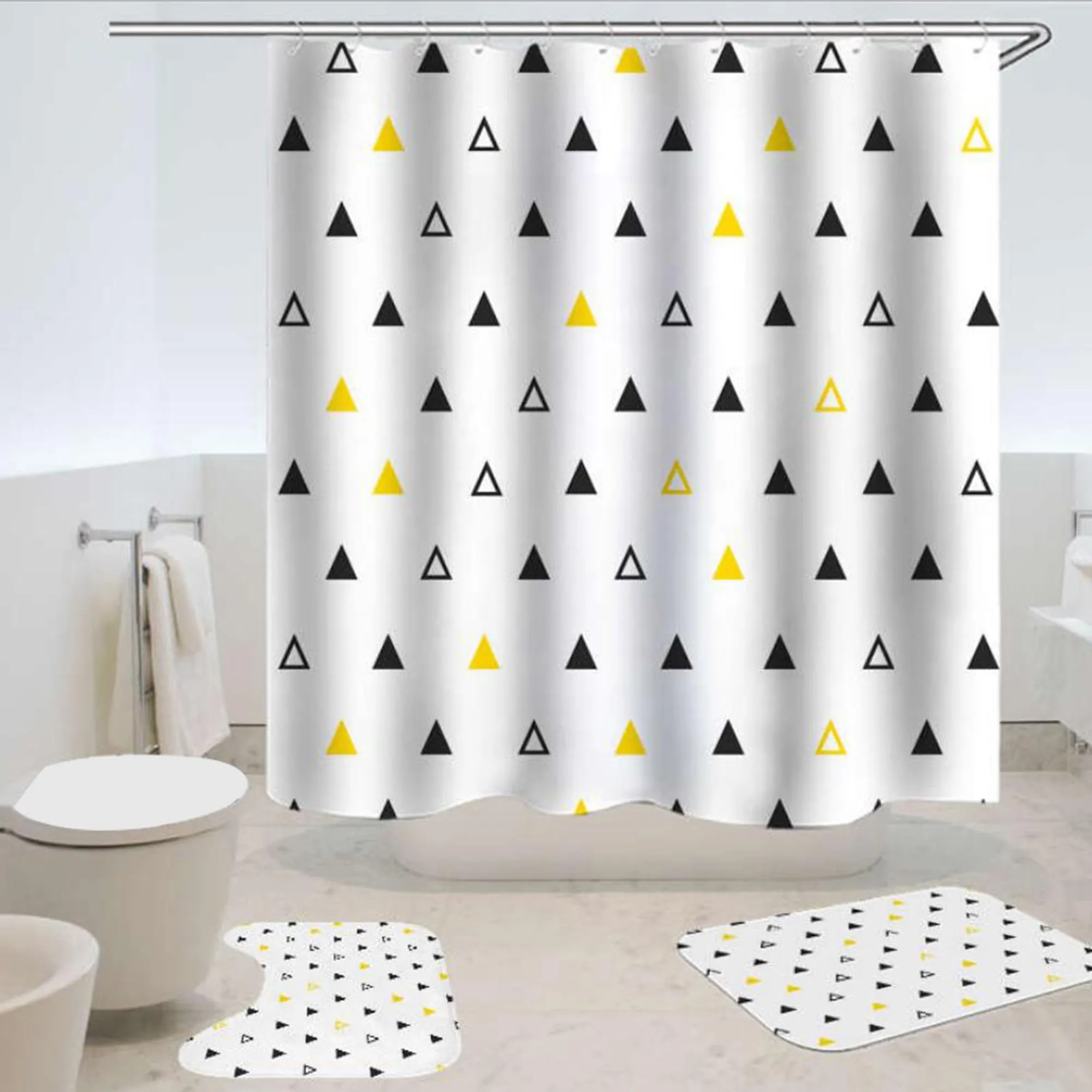 The Better Home Shower Curtain & Bathroom Mat Set (3pc) | 6 Ft Shower Curtains for Bathroom| U-Shaped Anti Skid Mat for Bathroom Floor | Non Slip Mat for Bathroom | Mold Resistant | Tri Triangles