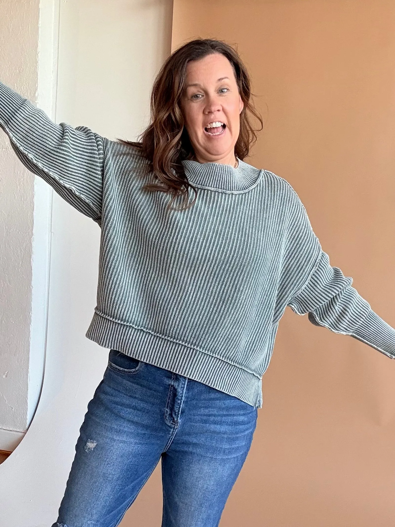 Washed Side Slit Oversized Cropped Sweater