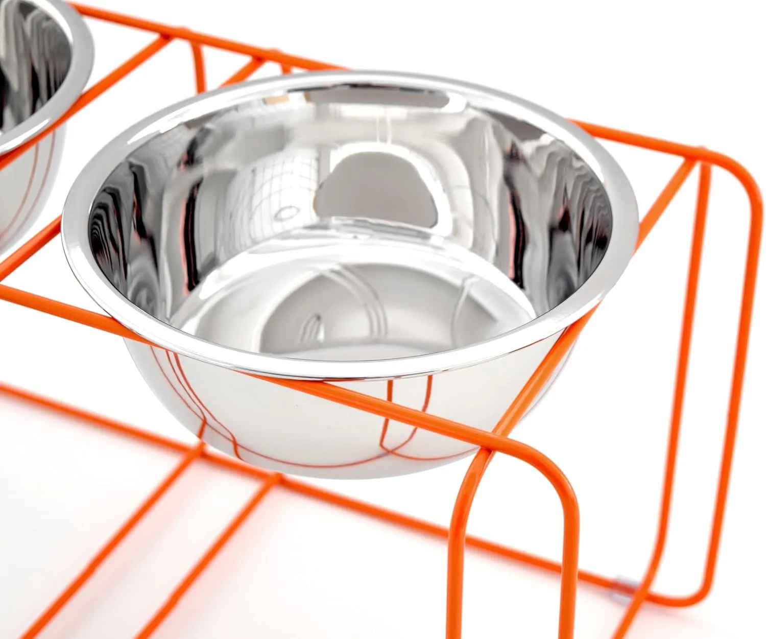 Wire & Dine Elevated Dog Bowls Stand for Medium & Large Sized Dogs - 2 Stainless Steel 8 Cup Dishes - Non-Skid, Modern Minimalist Design, Dishwasher Safe, Orange Frame Holder - Made in USA