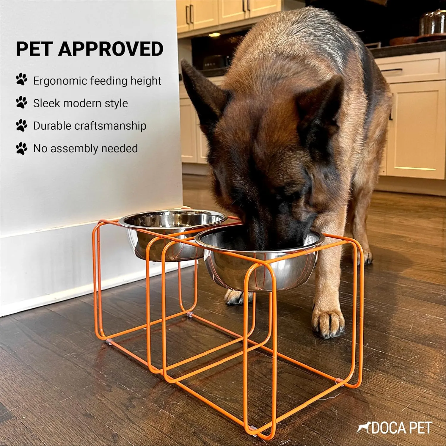Wire & Dine Elevated Dog Bowls Stand for Medium & Large Sized Dogs - 2 Stainless Steel 8 Cup Dishes - Non-Skid, Modern Minimalist Design, Dishwasher Safe, Orange Frame Holder - Made in USA