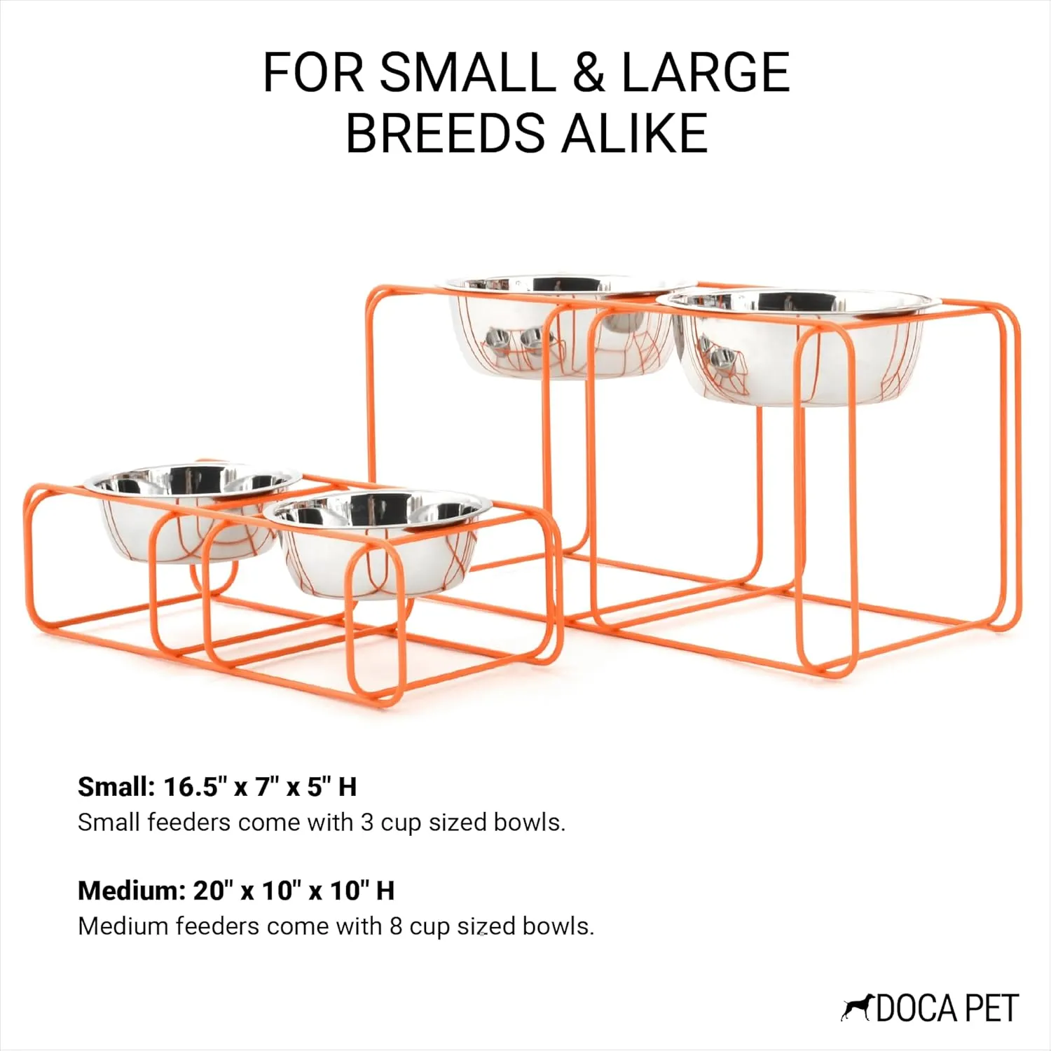 Wire & Dine Elevated Dog Bowls Stand for Medium & Large Sized Dogs - 2 Stainless Steel 8 Cup Dishes - Non-Skid, Modern Minimalist Design, Dishwasher Safe, Orange Frame Holder - Made in USA