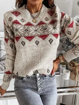 Women's Casual Apricot Geometric Crew Neck Knitted Jumper | Ideal for Autumn/Winter