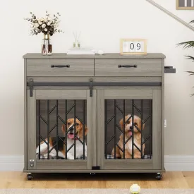 YITAHOME Dog Crate Furniture with Sliding Barn Door, 39" Wooden Dog Kennel Indoor with Storage Drawers, Double Dog Crate for 2 Small Medium Dogs, Grey