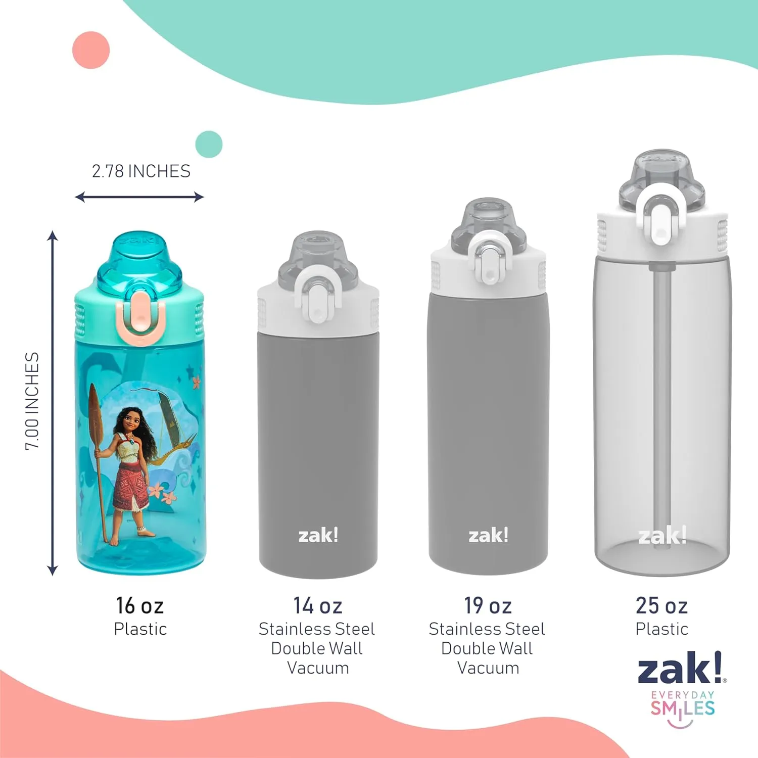 Zak Designs Disney Moana Sage Kids Water Bottle For School or Travel, 16oz Durable Plastic Water Bottle With Straw, Handle, and Leak-Proof, Pop-Up Spout Cover (Moana, Maui)