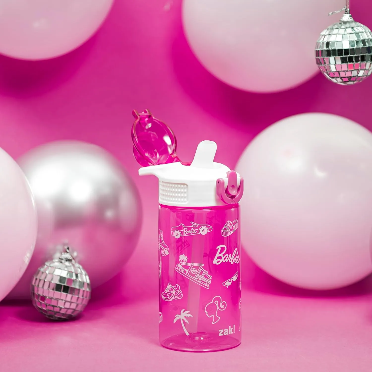 Zak Designs Sage Barbie Water Bottle For School or Travel, 16oz Durable Plastic Water Bottle With Straw, Handle, and Leak-Proof, Pop-Up Spout Cover (Barbie)