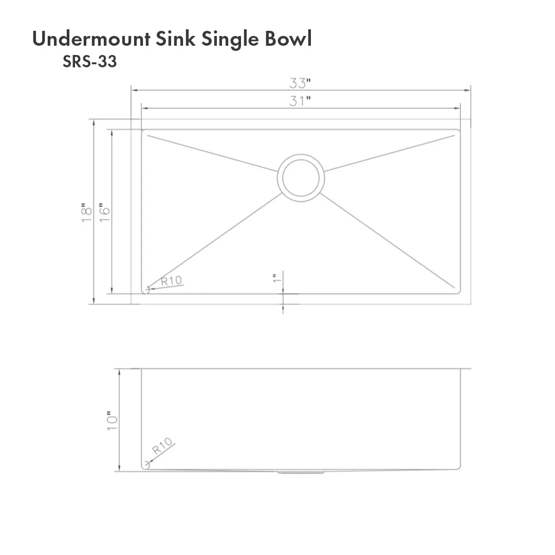 ZLINE Meribel 33 in. Undermount Single Bowl Stainless Steel Kitchen Sink with Bottom Grid (SRS-33)